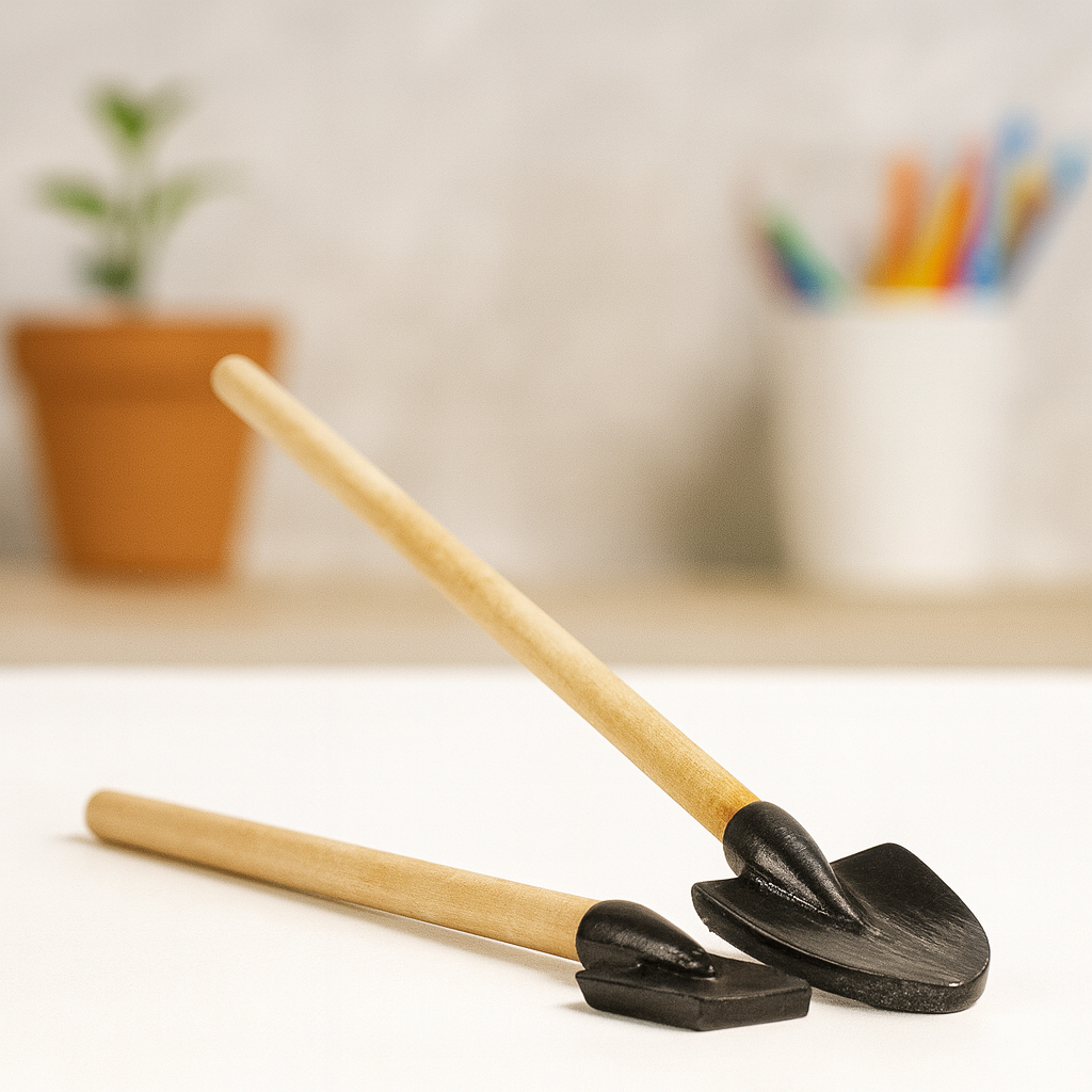 Miniatur Gartenwerkzeug 2-teilig aus Holz und Metall, schwarz-natur, 10 cm – Wichtel Zubehör