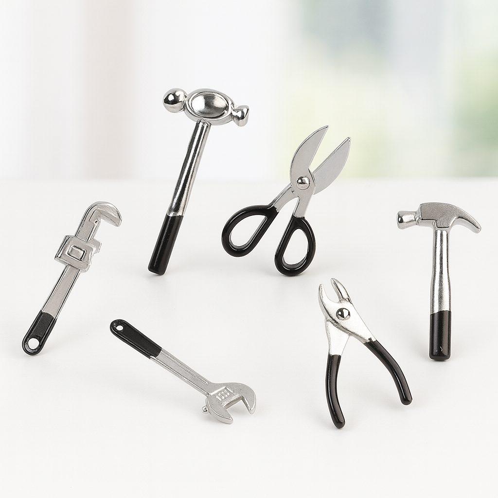 Miniatur Werkzeugset 8-teilig schwarz-silber aus Metall, ca. 3,5 cm, Deko für Wichtel