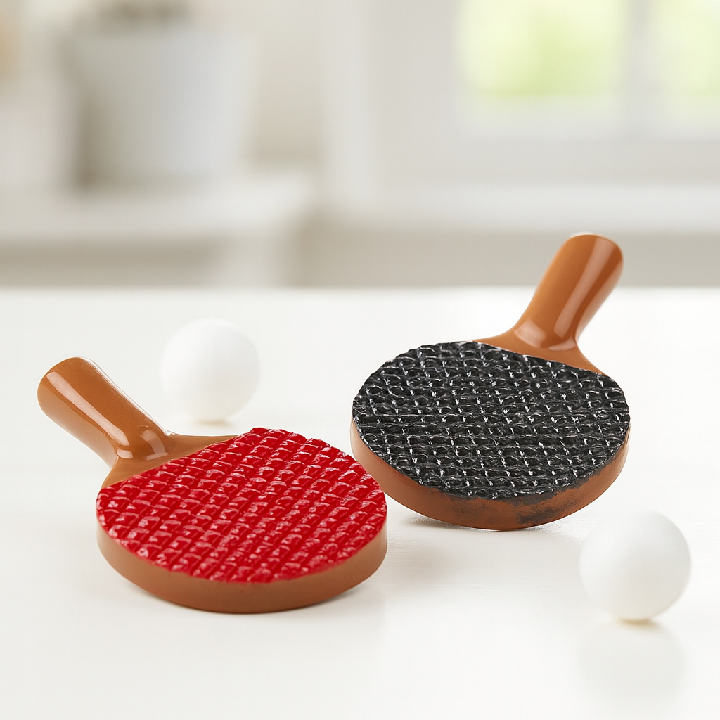 Miniatur Tischtennisschläger mit Ball, rot und schwarz, aus Kunststoff