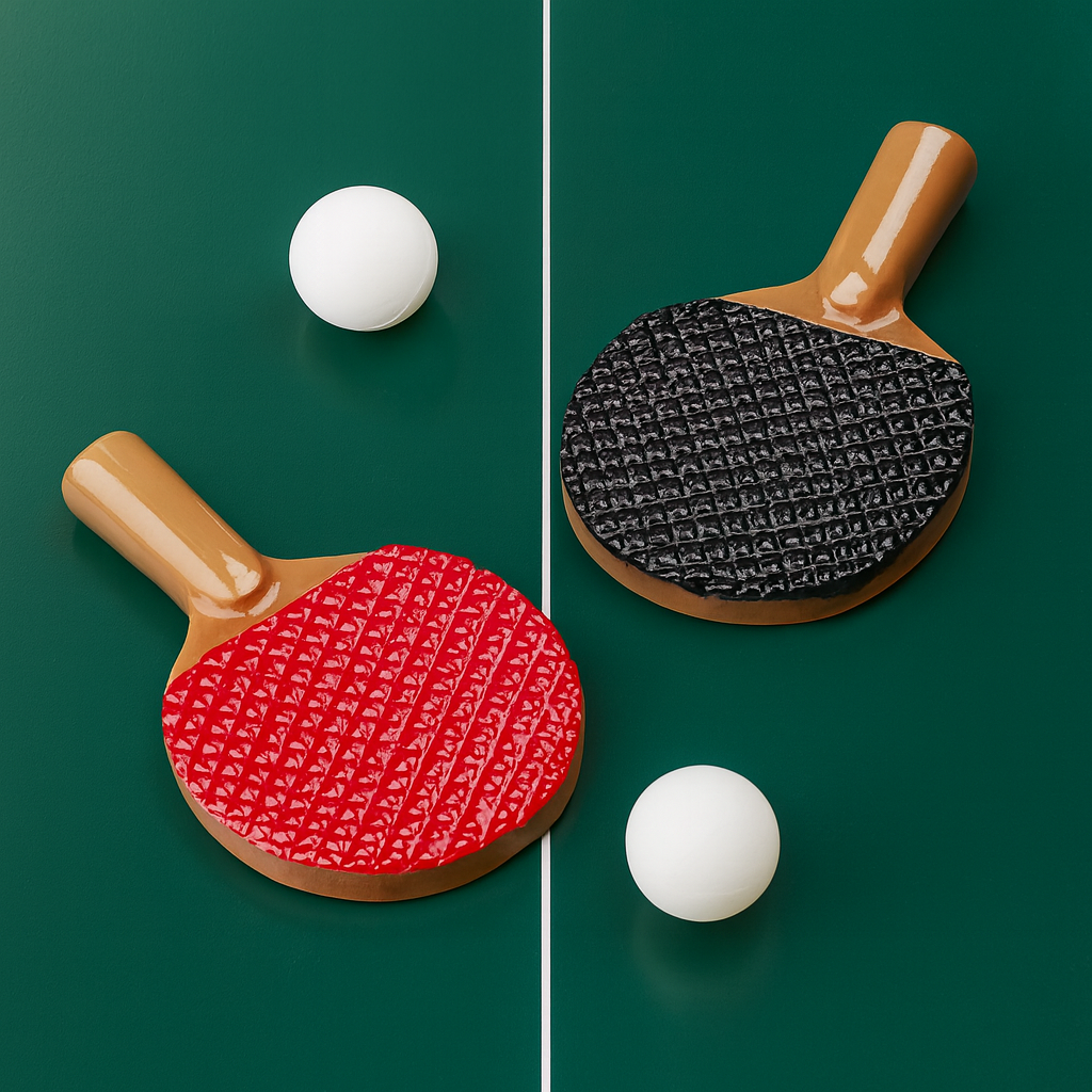 Miniatur Tischtennisschläger mit Ball, rot und schwarz, aus Kunststoff