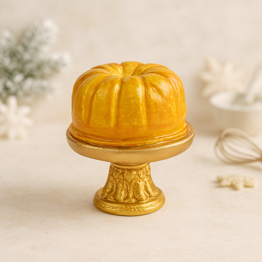 Miniatur Gugelhupf auf goldener Etagere aus Polyresin, 3x3x3cm groß, Wichtel Zubehör für das Wichtelhaus und Geldgeschenke.