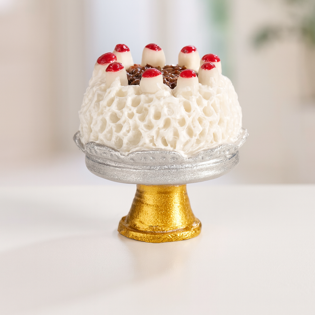 Miniatur Torte mit Sahnehauben und Kirschen auf gold-silberner Etagere, Polyresin, Wichtel Zubehör für Wichtelhaus und Geldgeschenke.
