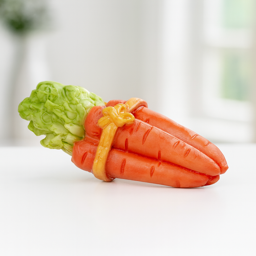 Miniatur Karotten Bündel aus Polyresin, orange Möhren mit grünem Kraut, Wichtel Zubehör und Dekoration für Geldgeschenke.