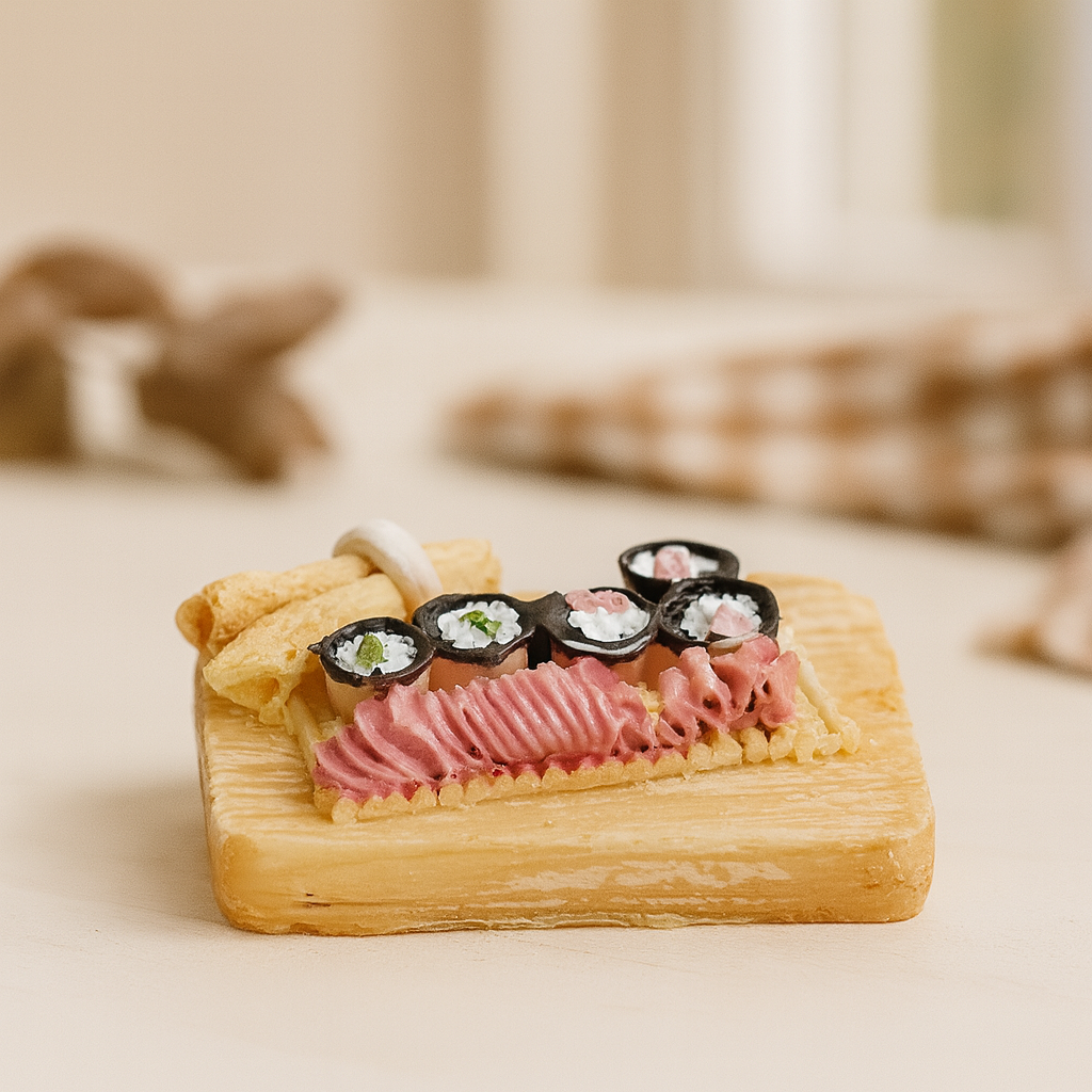 Miniatur Asia Tablett mit Sushi aus Polyresin als Wichtel Zubehör