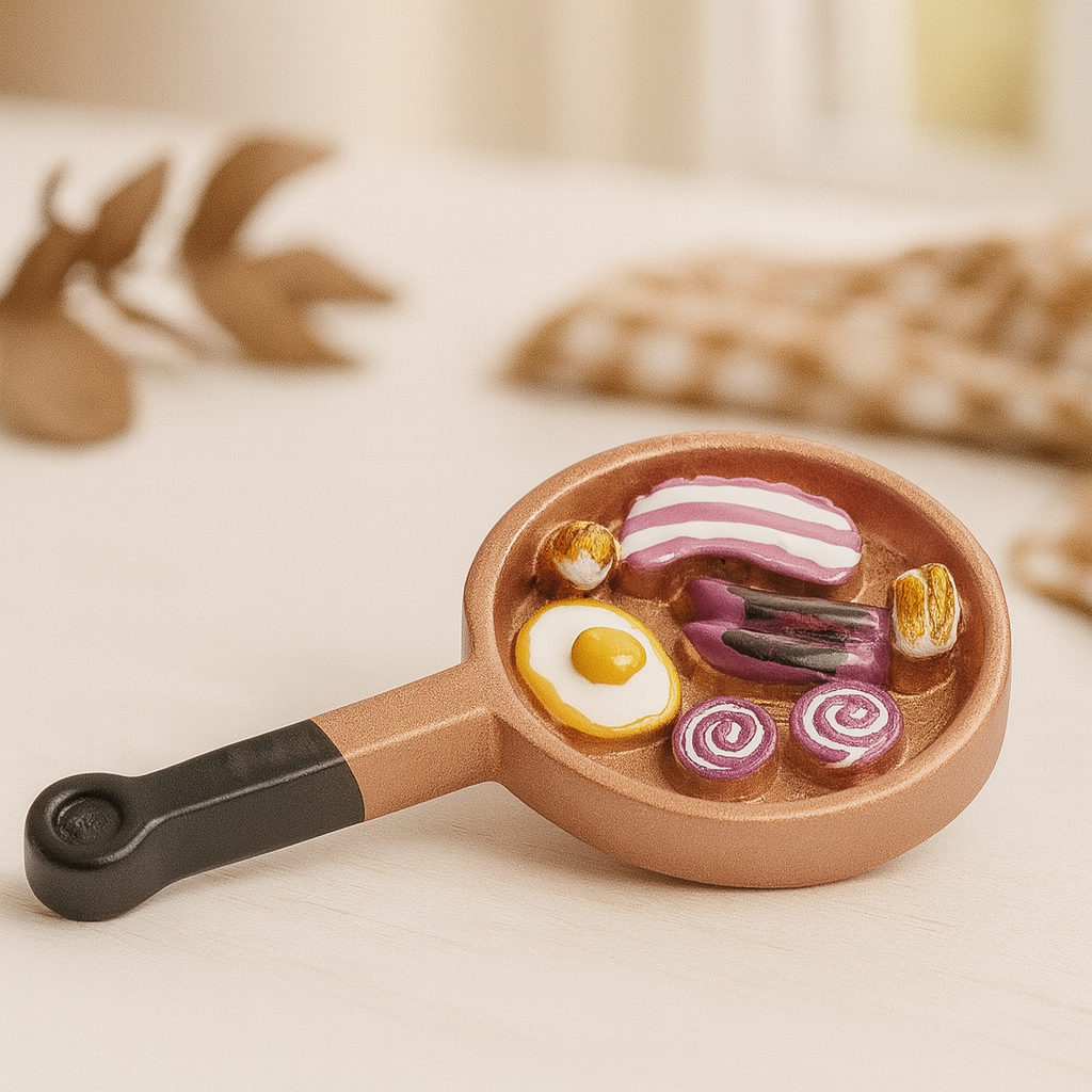 Miniatur Bratpfanne mit Frühstück aus Polyresin als Wichtel Zubehör