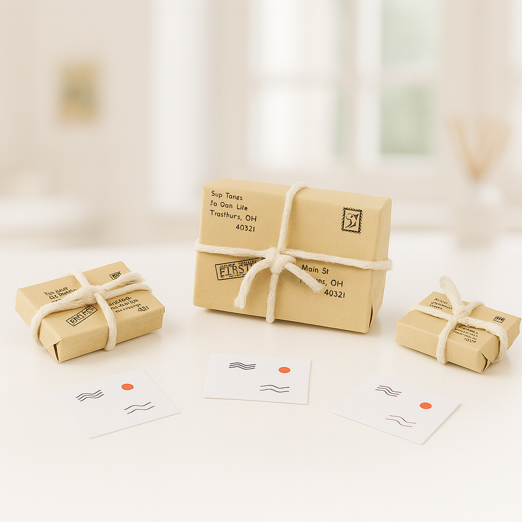 Miniatur Päckchen und Briefe Set aus Papier als Wichtel Zubehör