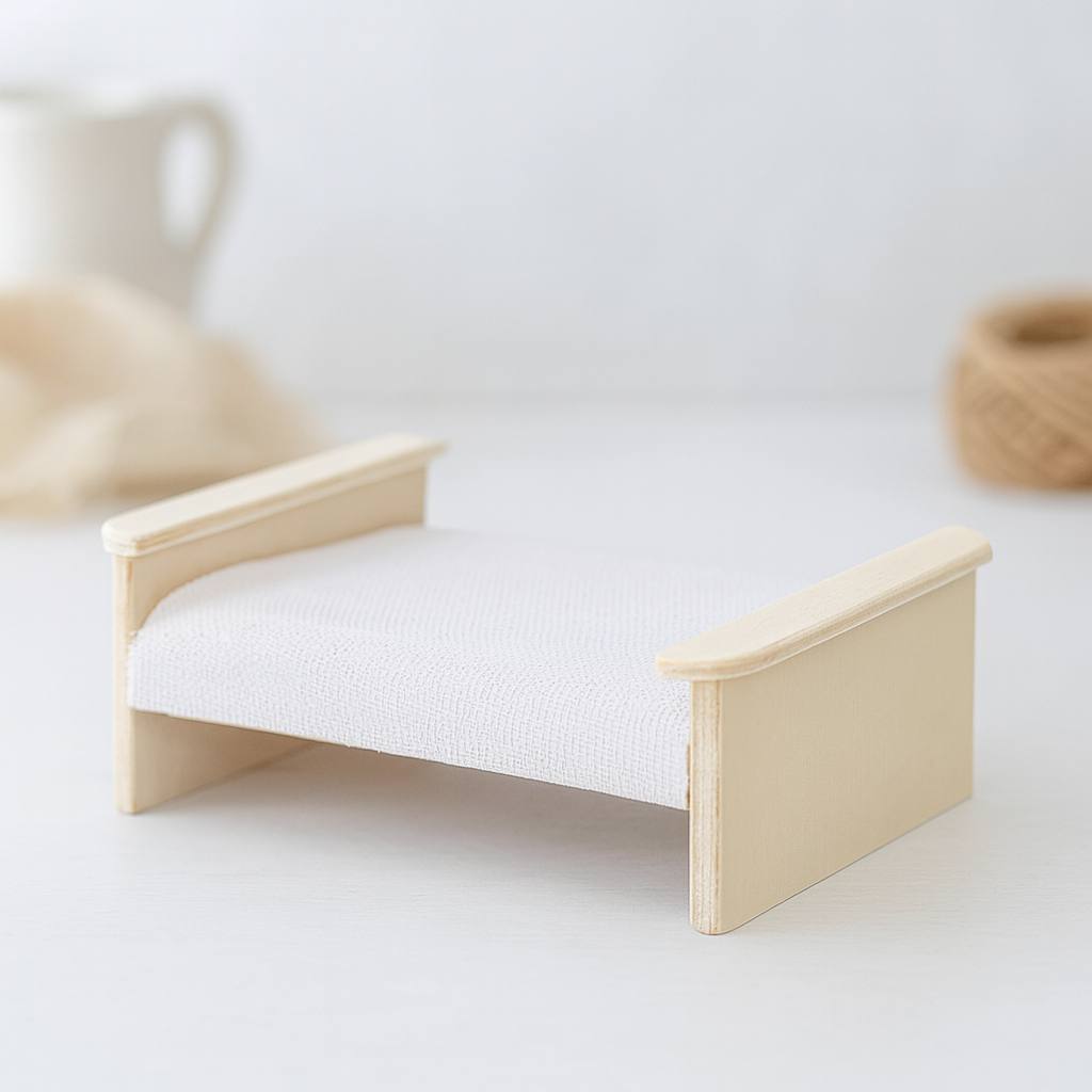 Miniatur Bett aus naturbelassenem Holz für Wichtelhaus und Geldgeschenke