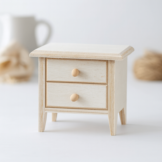 Miniatur Nachtschrank aus naturbelassenem Holz für Wichtelhaus und Geldgeschenke
