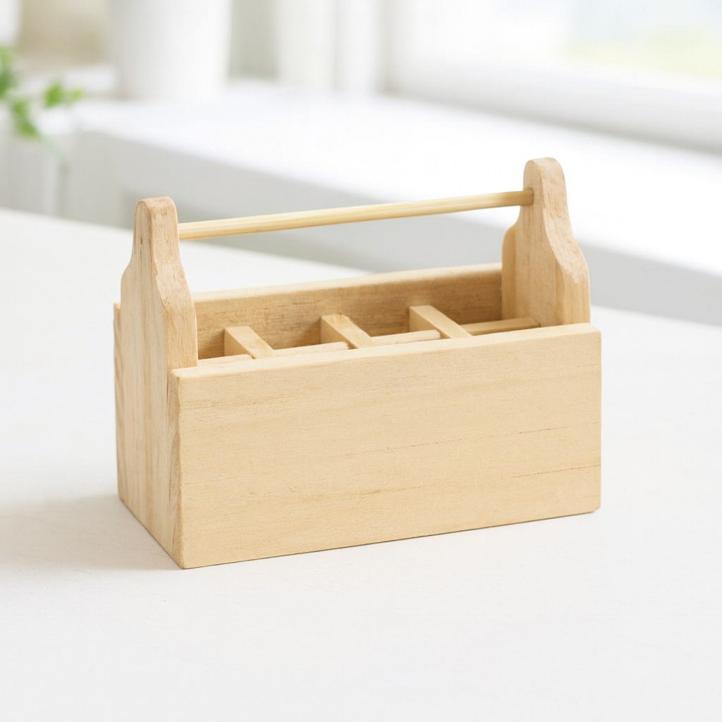 Miniatur Werkzeugkiste aus Holz als Wichtel Zubehör für das Wichtelhaus