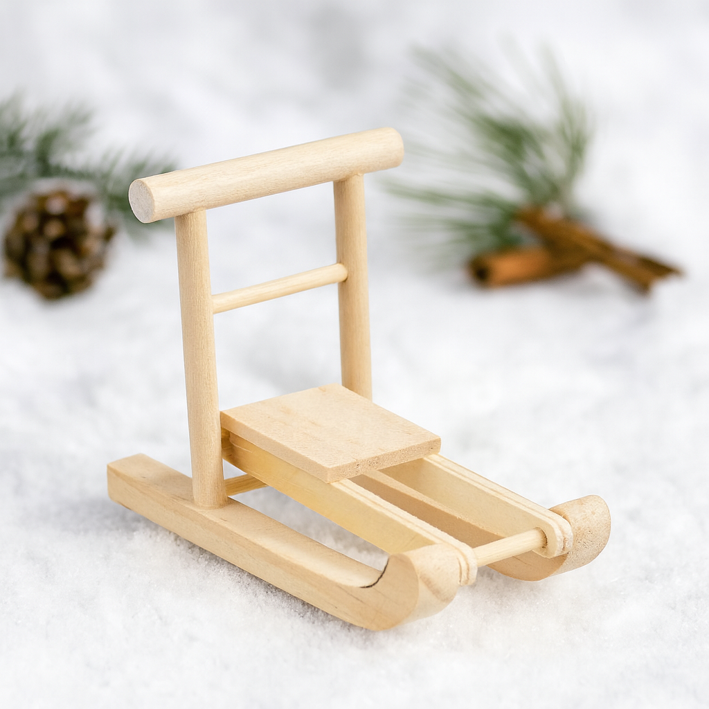 Miniatur Holz Schlitten aus Holz als Wichtel Zubehör für das Wichtelhaus
