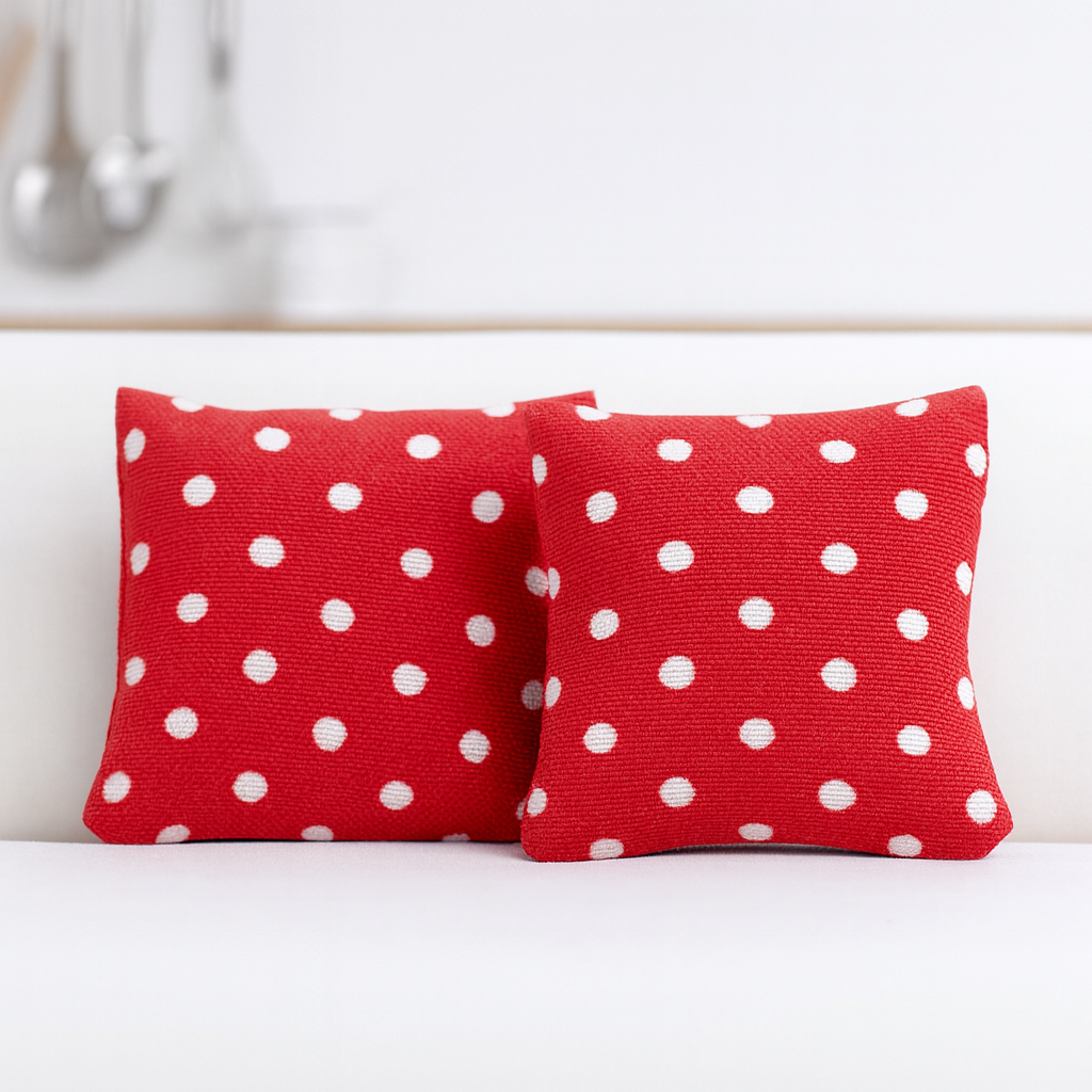 Miniatur Kissen rot mit weißen Punkten als Wichtel Zubehör aus Stoff