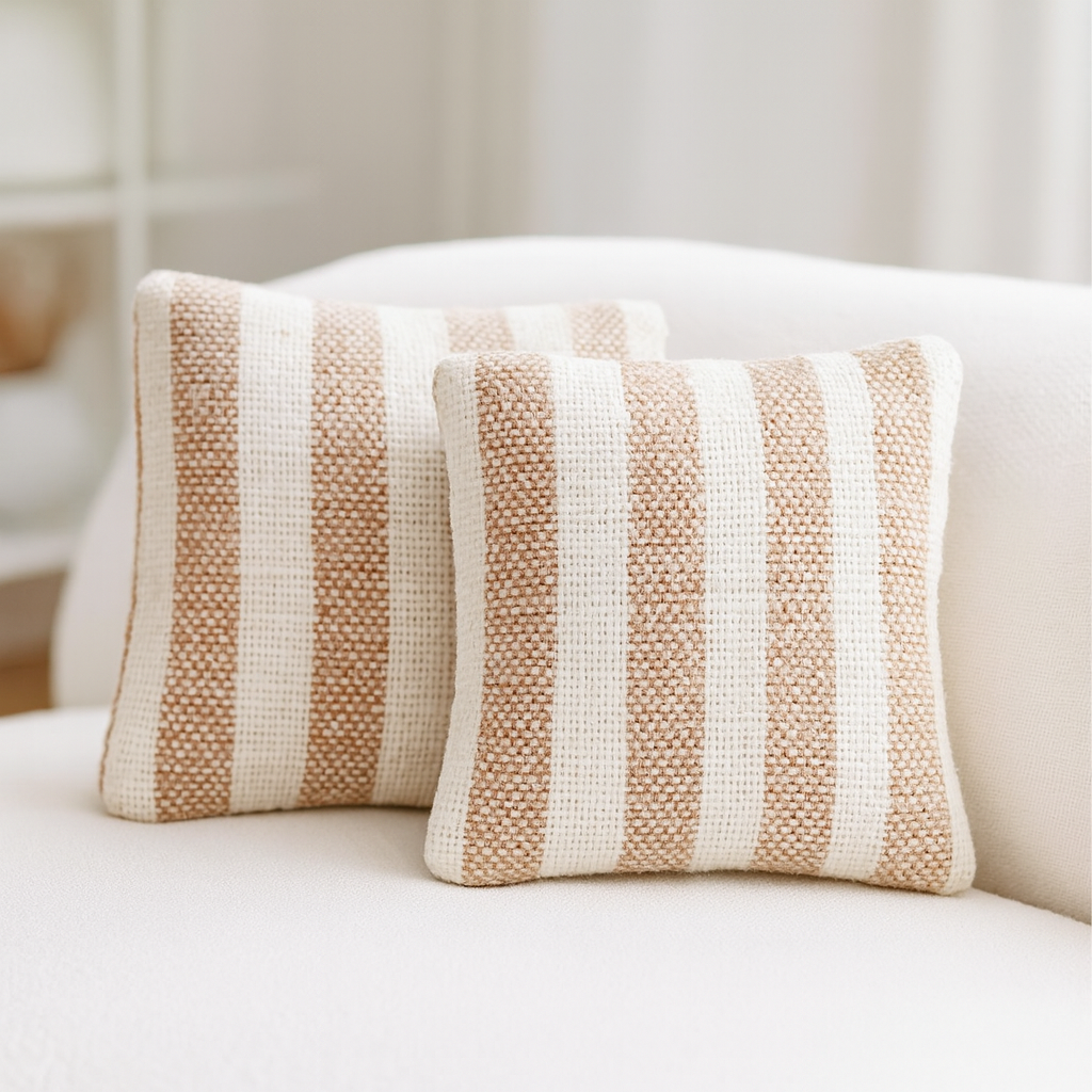 Miniatur Kissen beige weiß gestreift aus Stoff als Wichtel Zubehör