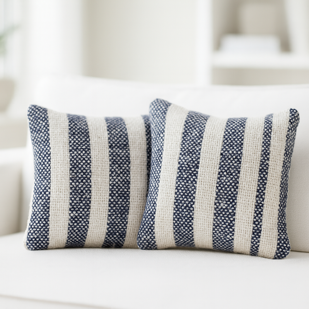 Miniatur Kissen dunkelblau weiß gestreift aus Stoff als Wichtel Zubehör