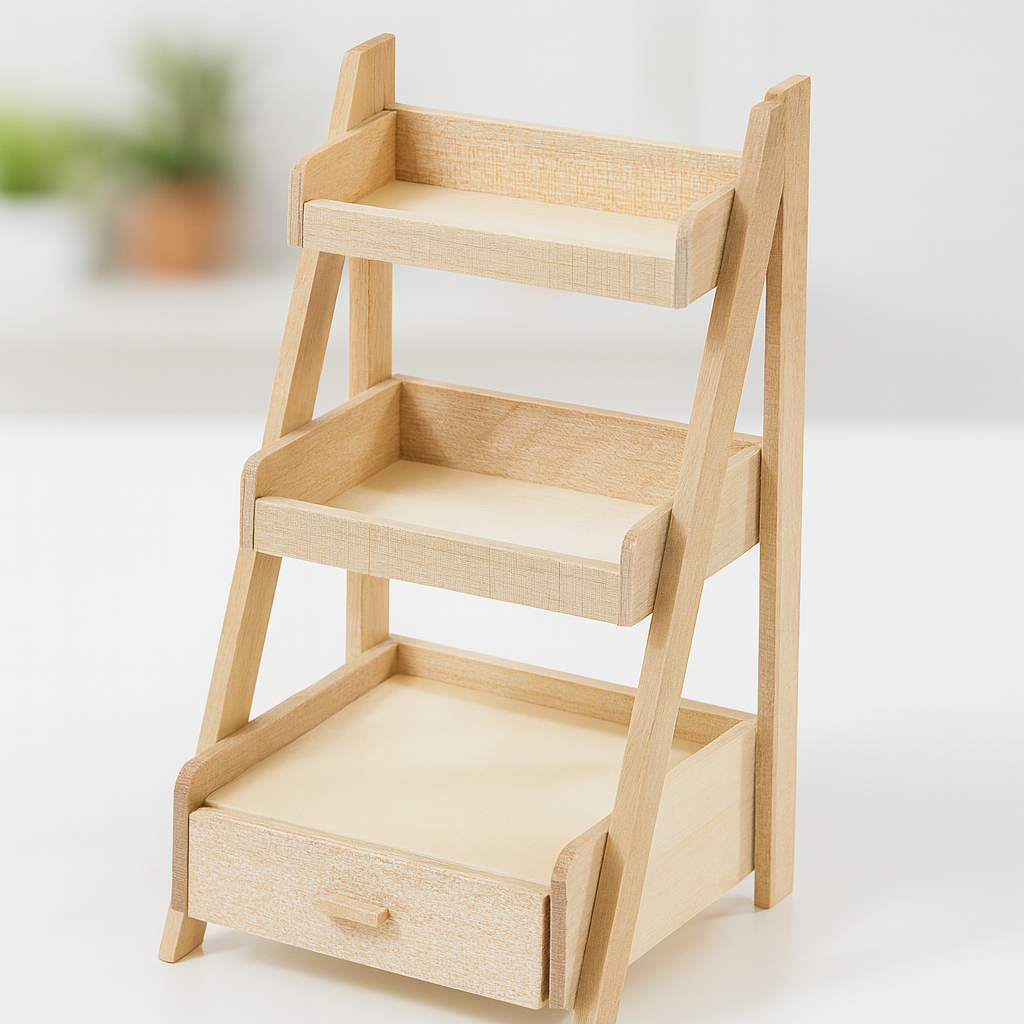 Miniatur Treppenregal aus Holz natur für Blumen und Dekoration im Wichtelhaus