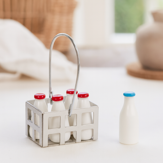 Miniatur Milchkorb mit Milchflaschen aus Metall und Kunststoff als Wichtel Zubeh