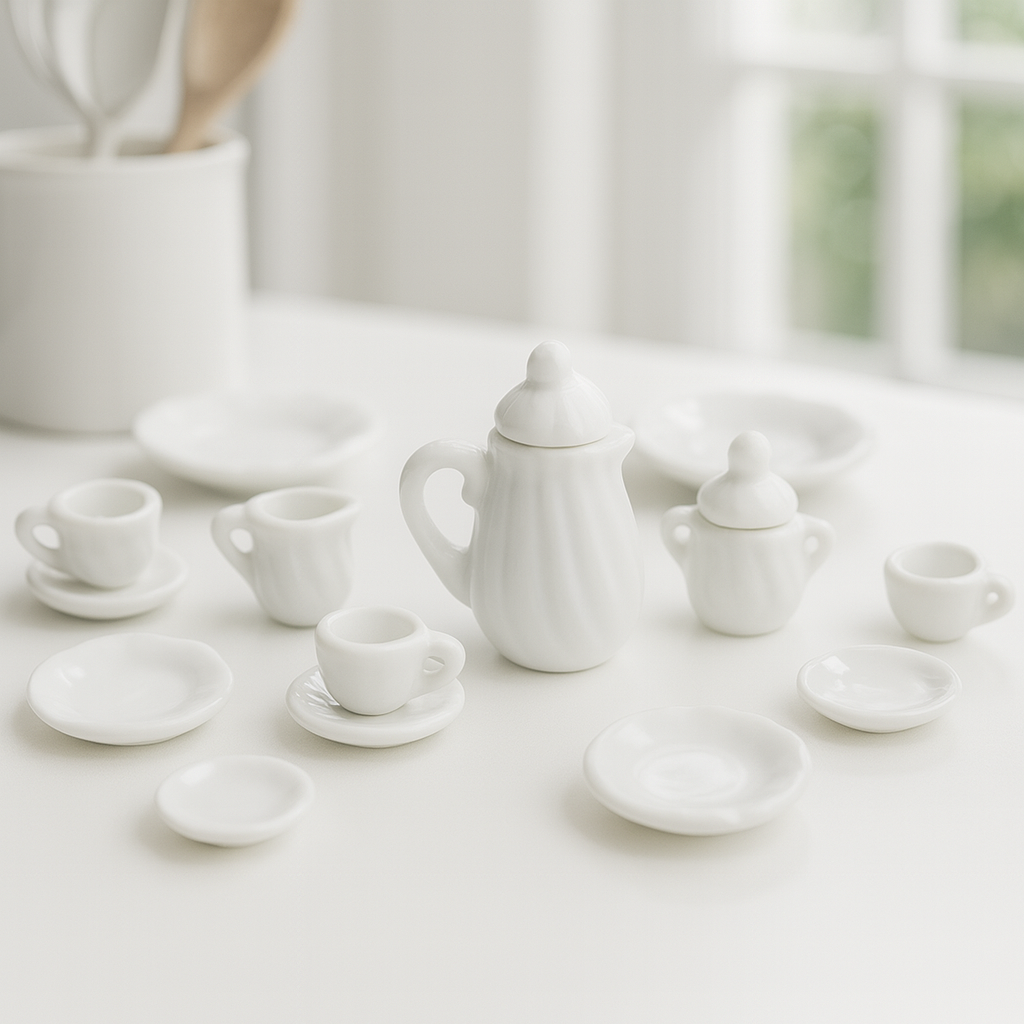 Miniatur Kaffeeservice weiß aus Keramik 15-teilig als Wichtel Zubehör