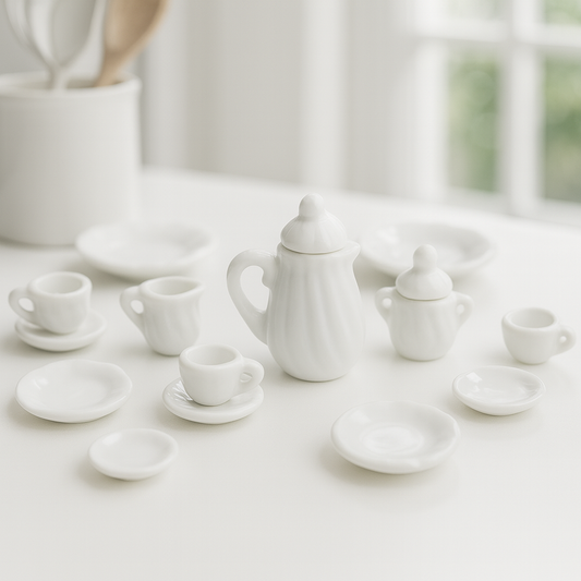 Miniatur Kaffeeservice weiß aus Keramik 15-teilig als Wichtel Zubehör