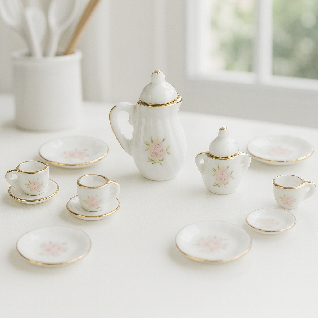 Miniatur Kaffeeservice weiß rosa mit Goldrand aus Keramik 15-teilig als Wichtel Zubehör