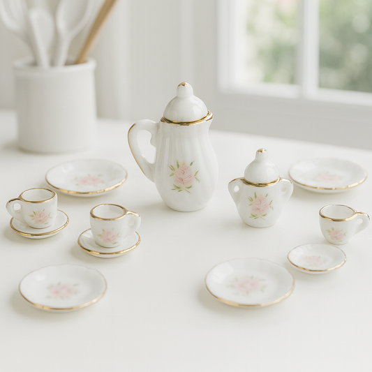 Miniatur Kaffeeservice weiß rosa mit Goldrand aus Keramik 15-teilig als Wichtel Zubehör