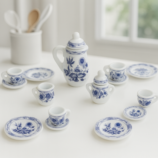 Miniatur Kaffeeservice weiß blau aus Keramik 15-teilig als Wichtel Zubehör