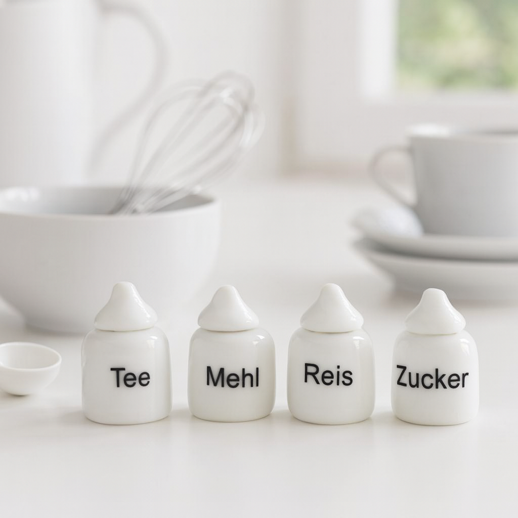 Miniatur Vorratsdosen Set Tee Mehl Zucker Reis aus Metall als Wichtel Zubehör