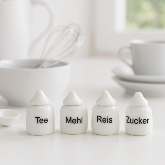 Miniatur Vorratsdosen Set Tee Mehl Zucker Reis aus Metall als Wichtel Zubehör