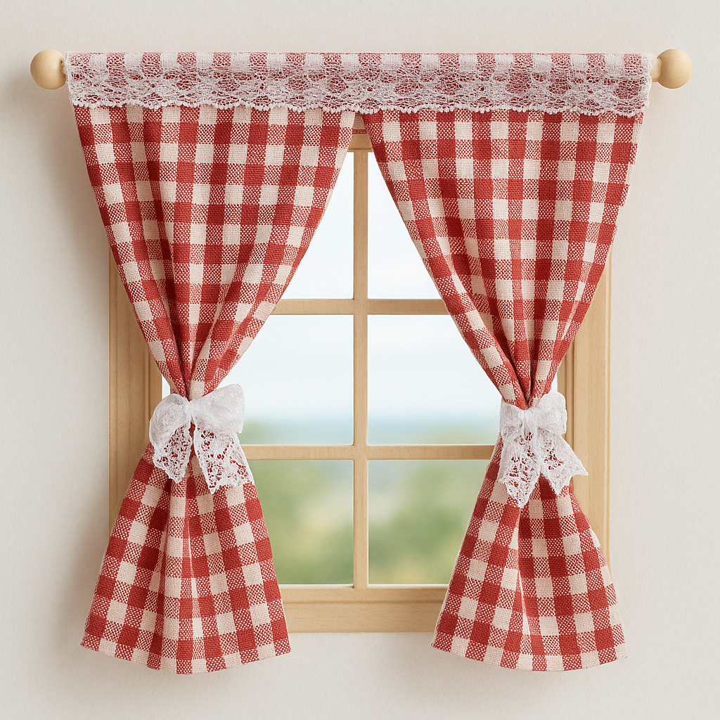 Miniatur Fenster Vorhang rot weiß kariert als Wichtel Zubehör fürs Wichtelhaus