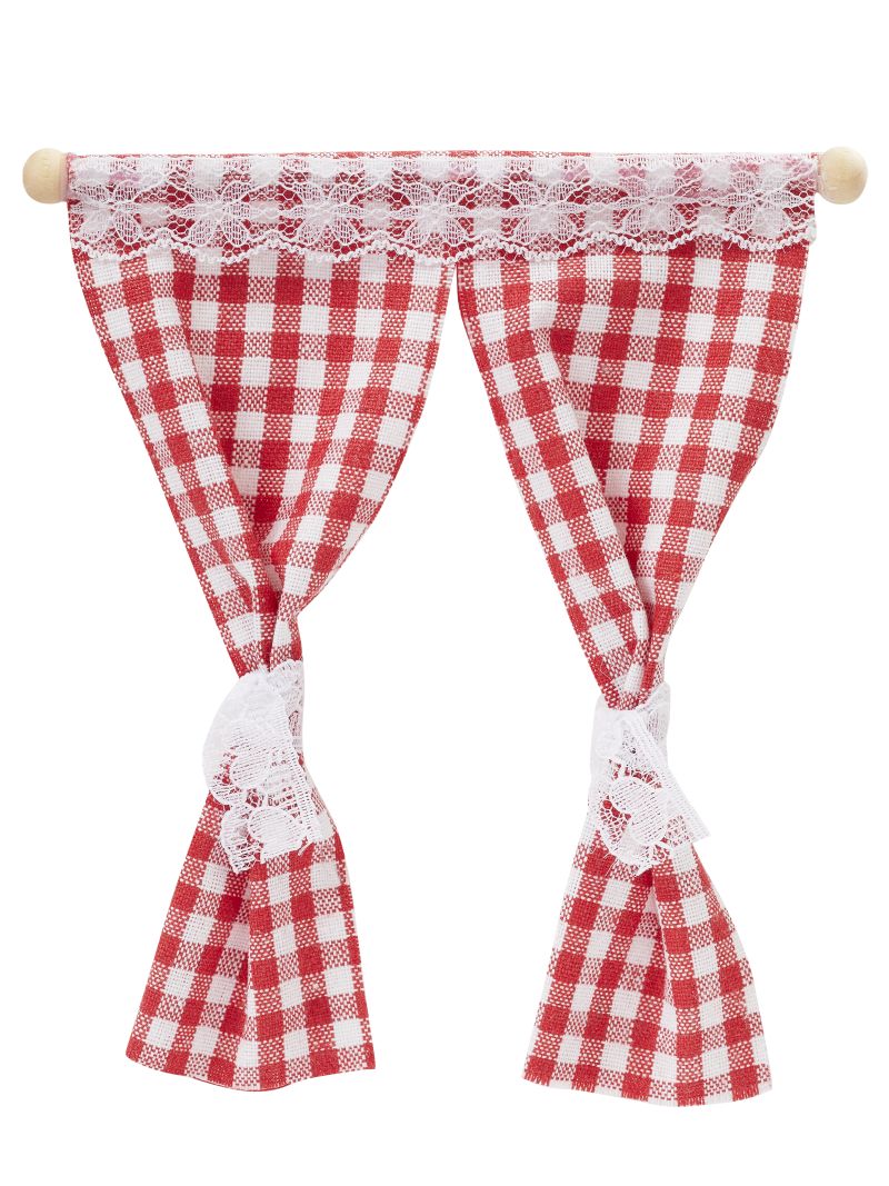 Miniatur Fenster Vorhang rot weiß kariert als Wichtel Zubehör fürs Wichtelhaus