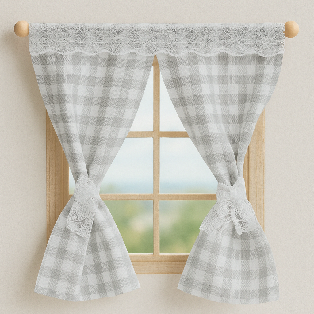 Miniatur Fenster Vorhang grau weiß kariert als Wichtel Zubehör fürs Wichtelhaus
