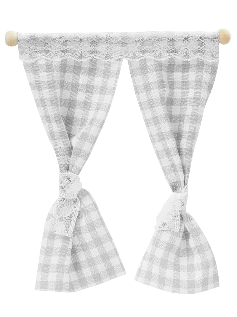 Miniatur Fenster Vorhang grau weiß kariert als Wichtel Zubehör fürs Wichtelhaus