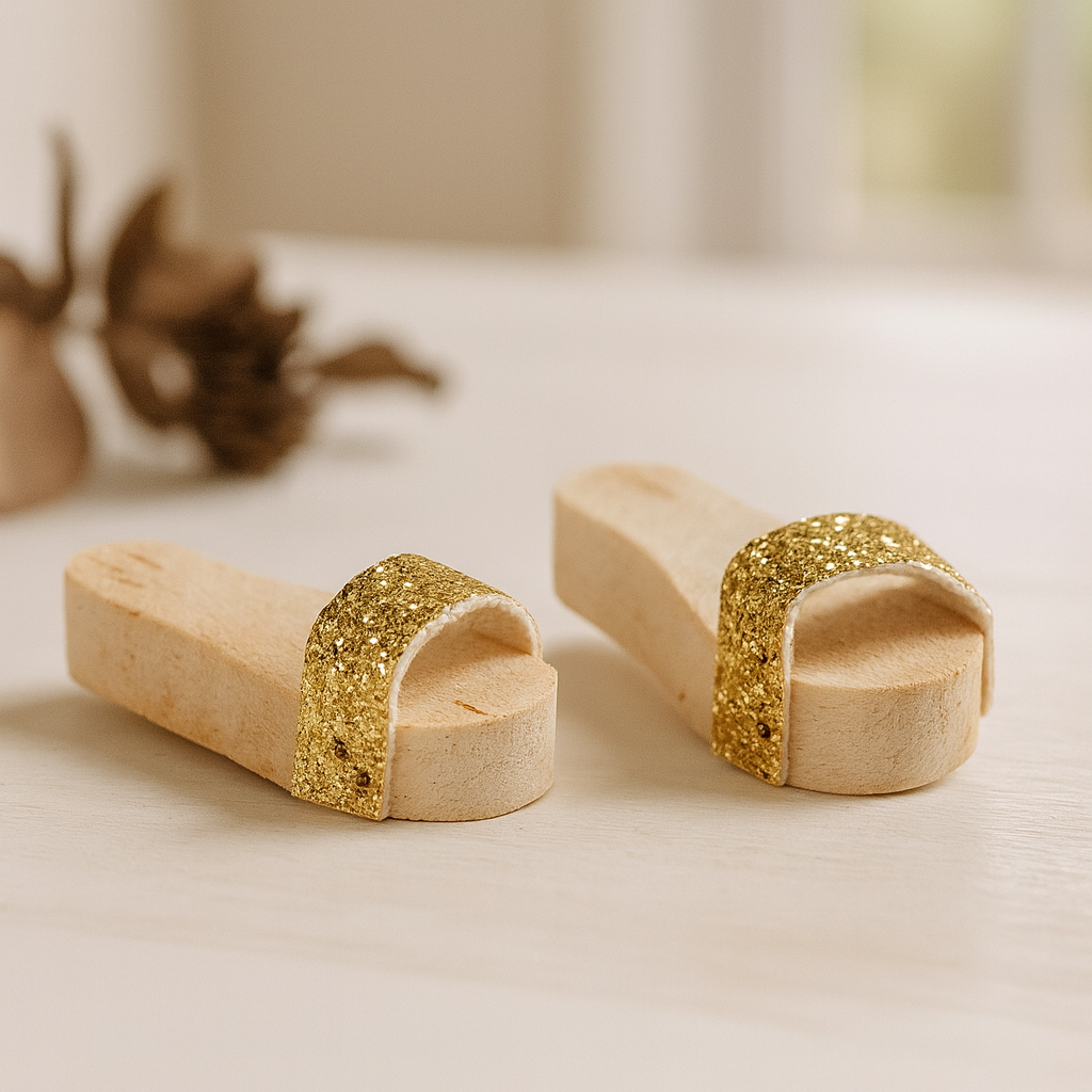 Miniatur goldfarbene Holz-Sandalen als Wichtel Zubehör für Wichtelhaus oder Geldgeschenk