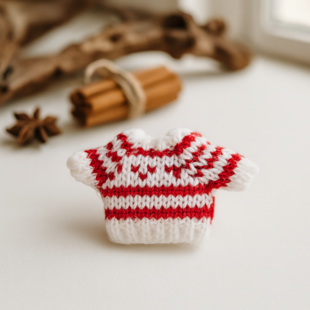 Miniatur Winterpullover rot-weiß aus Strick als Wichtel Zubehör für das Wichtelhaus