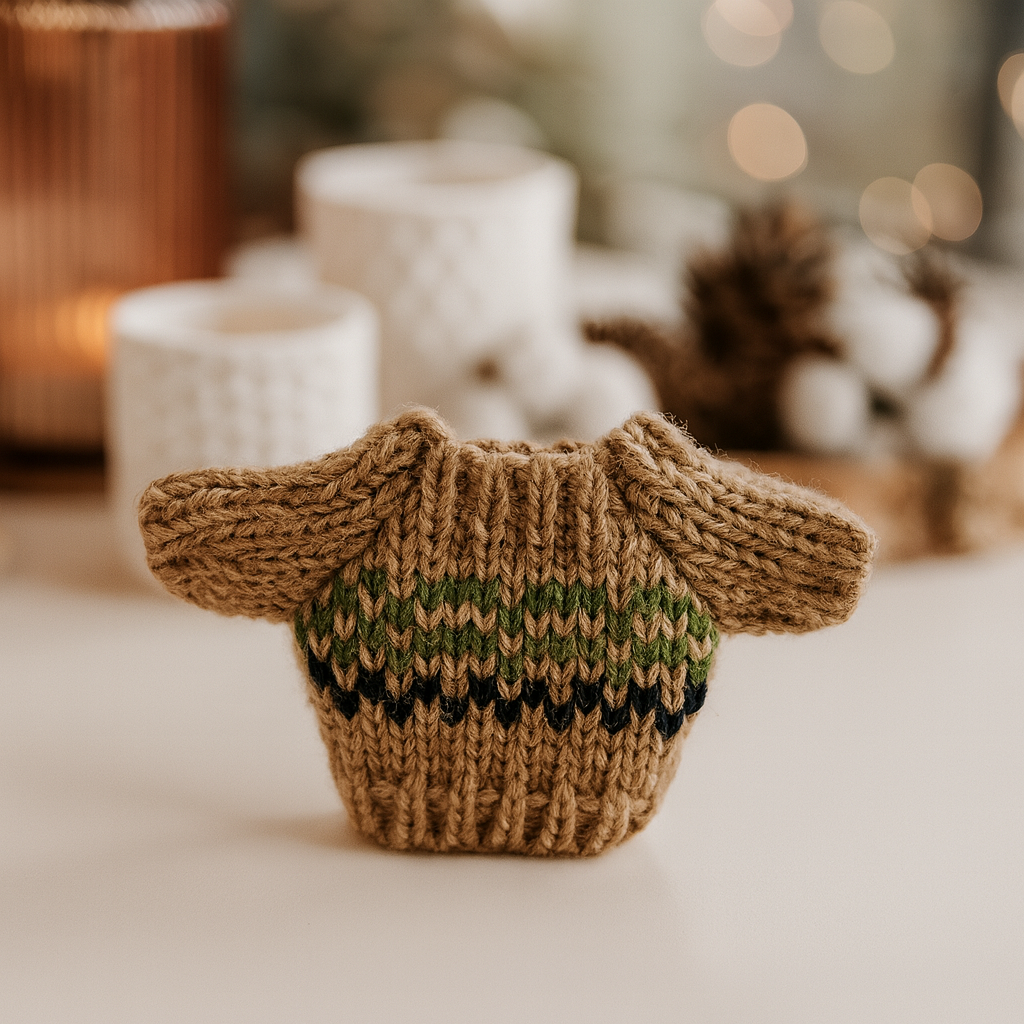Miniatur Winterpullover braun-grün gemustert aus Strick als Wichtel Zubehör