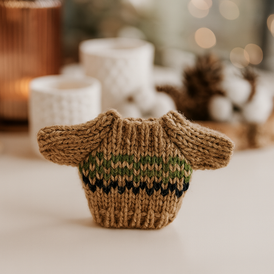 Miniatur Winterpullover braun-grün gemustert aus Strick als Wichtel Zubehör