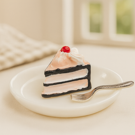 Miniatur Tortenstück auf weißem Teller mit Gabel aus Polyresin als Wichtel Zubehör