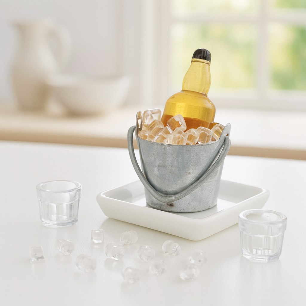 Miniatur Getränke Set mit Flasche Eiswürfeln und Gläsern fürs Wichtelhaus