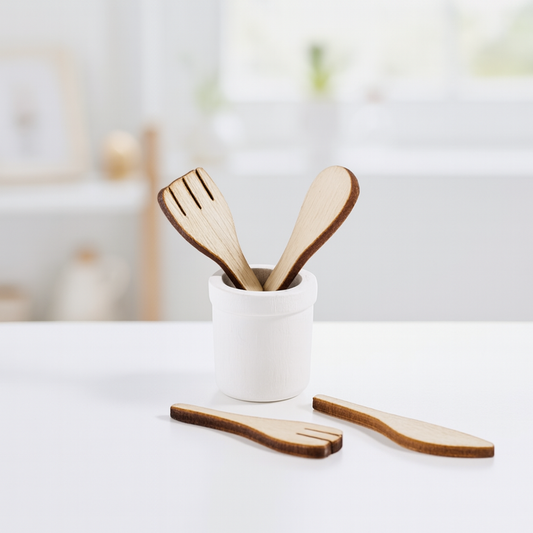 Miniatur Küchen Set aus Holz mit Kochlöffeln fürs Wichtelhaus
