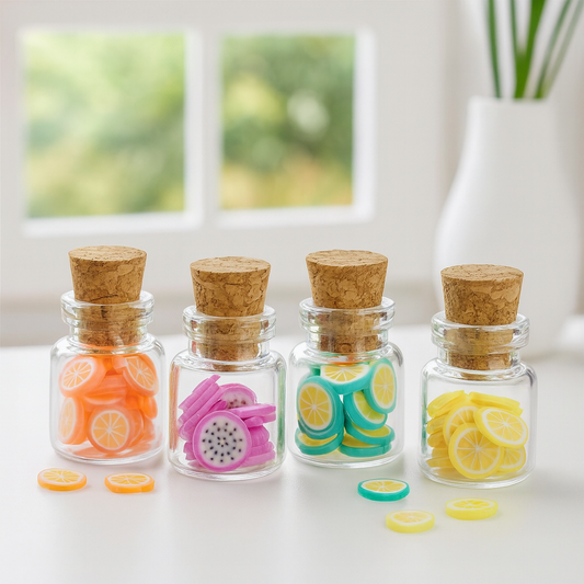 Miniatur Gläser mit bunten Früchten und Korken fürs Wichtelhaus