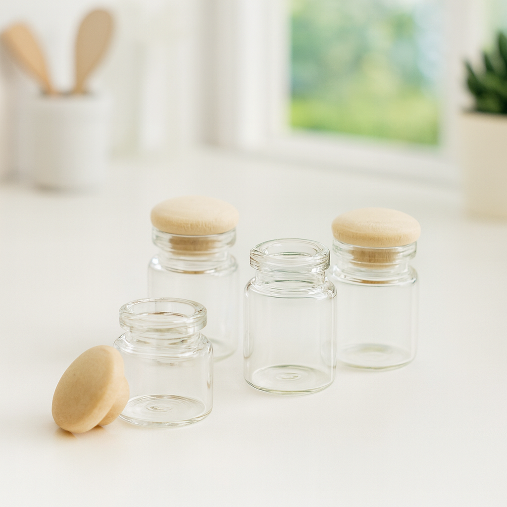 Miniatur Glasflaschen mit Holzstopfen 4-teilig als Wichtel Zubehör fürs Wichtelhaus