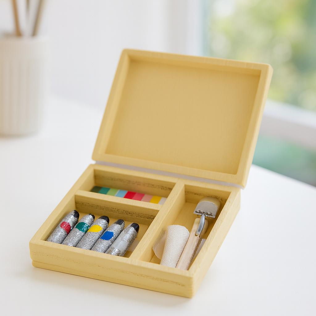 Miniatur Farbenbox aus Holz mit Farbtuben und Malzubehör, Wichtel Zubehör für das Wichtelhaus oder dekorative Geldgeschenke