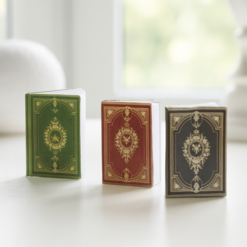 Drei Miniatur Bücher in den Farben Grün, Rot und Schwarz mit goldenen Ornamenten, Wichtel Zubehör und Dekoration für Geldgeschenke.