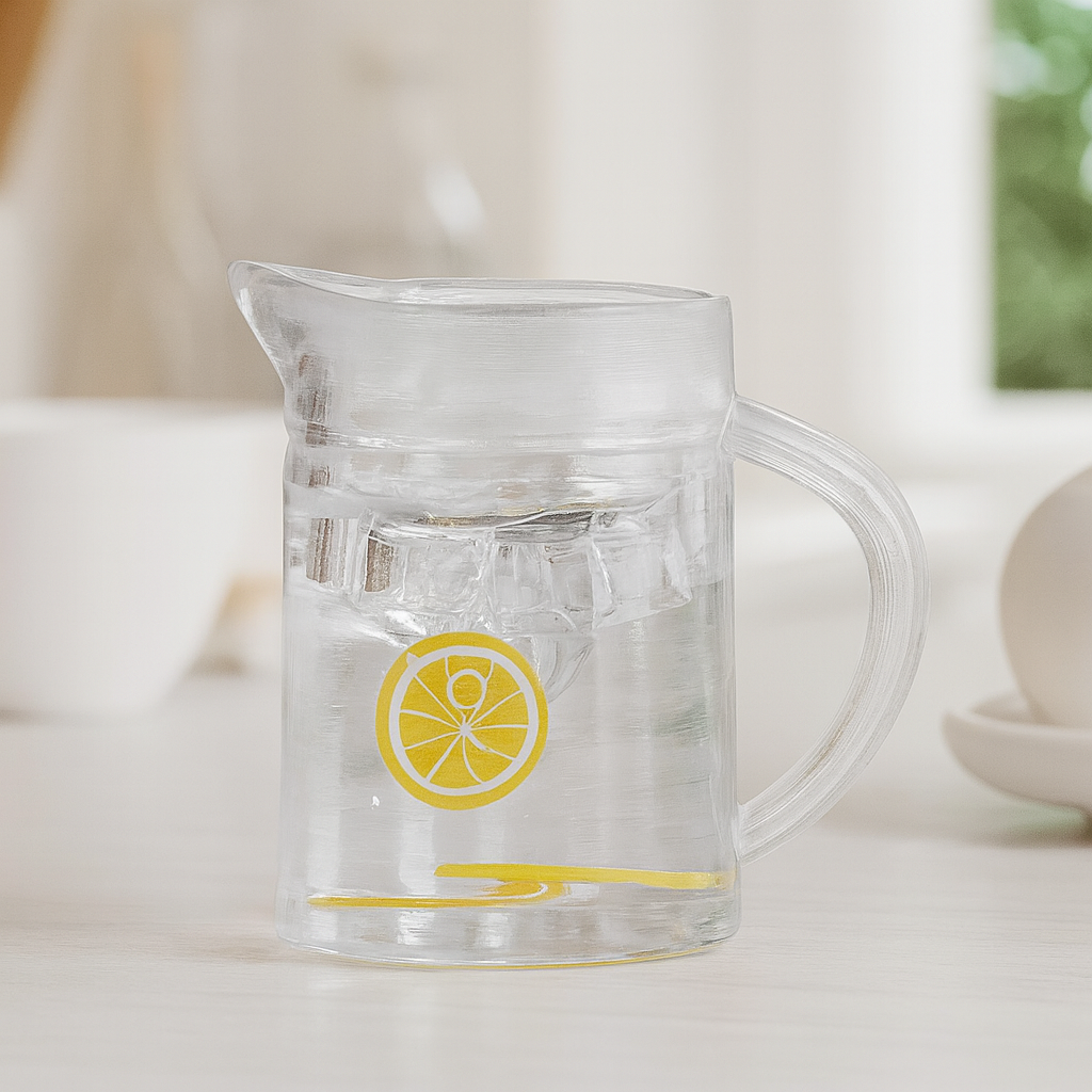 Miniatur Wasserkrug mit Zitrone aus Kunststoff als Wichtel Zubehör fürs Wichtelhaus