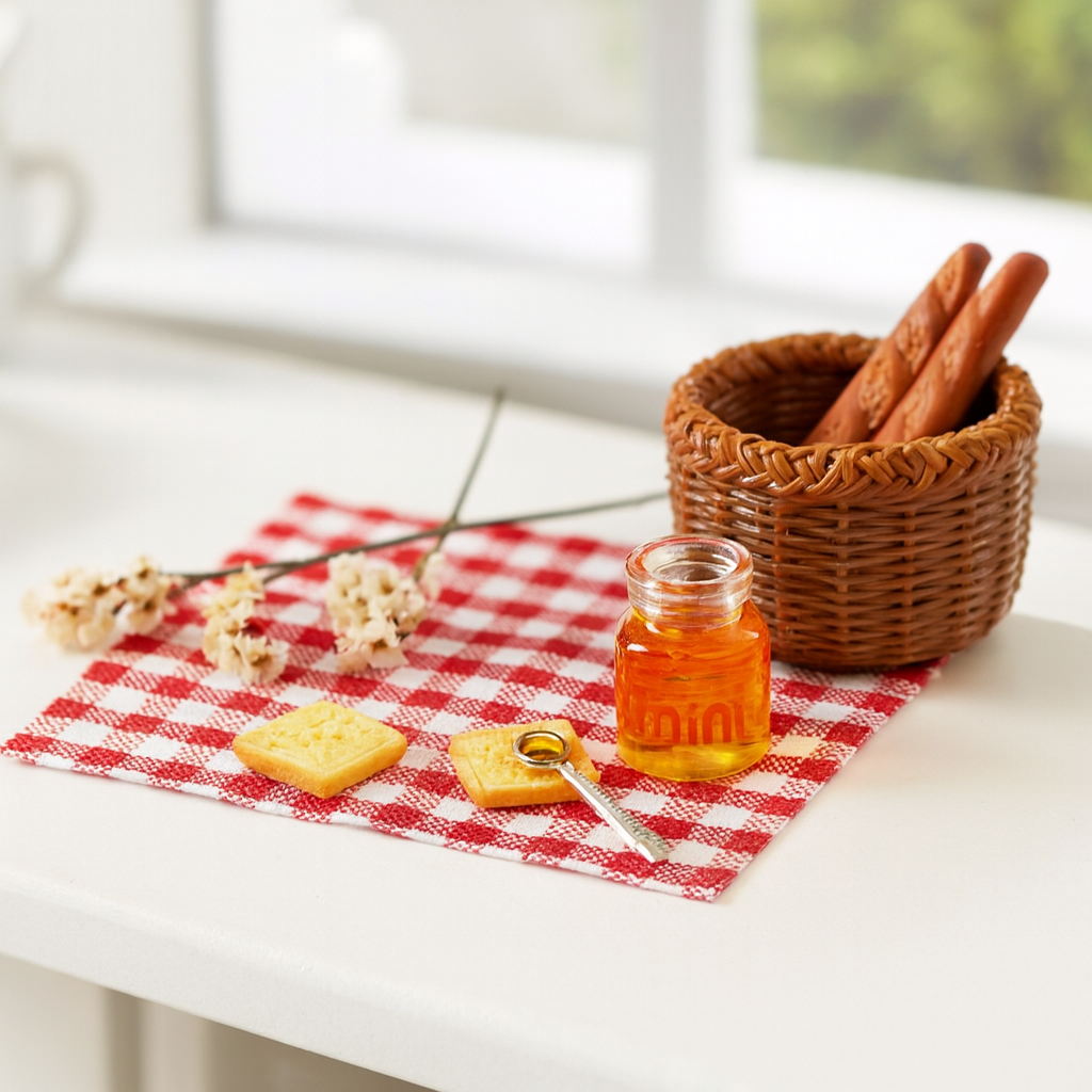 Miniatur Picknickkorb Set mit Baguette und Honig als Wichtel Zubehör