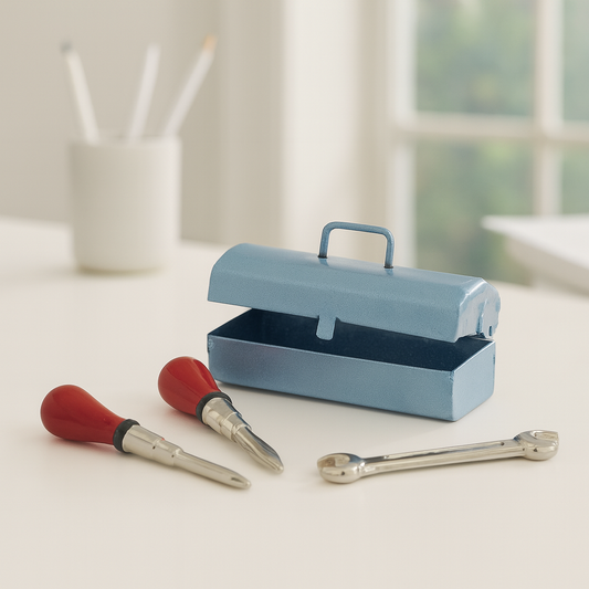 Miniatur Werkzeugkasten 4-teilig mit Werkzeug, Wichtel Zubehör für Werkstatt und Geldgeschenke