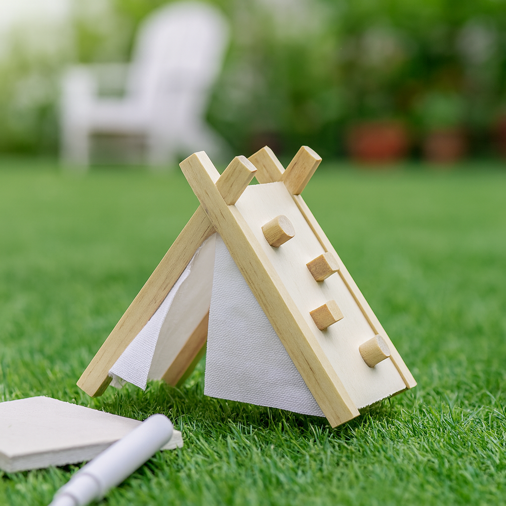 Miniatur Kletter-Zelt aus Holz und Stoff ca. 8 cm – Wichtel Zubehör für Wichtelhaus und Geldgeschenke