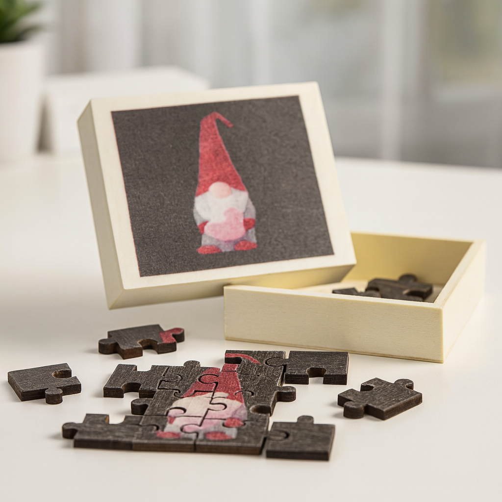 Miniatur Puzzle Box 16-teilig aus Holz mit Wichtelmotiv, Wichtel Zubehör für Deko und Geldgeschenke
