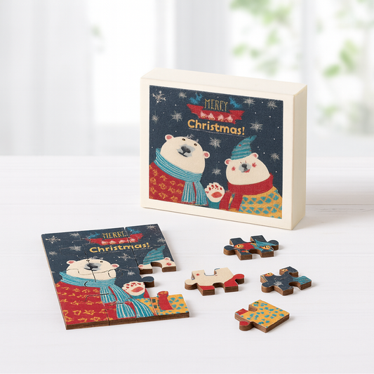 Miniatur Puzzle Box mit Bärenmotiv 16-teilig aus Holz, Wichtel Zubehör für Wichtelhaus und Geldgeschenke