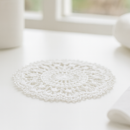 Miniatur Spitzen-Deckchen weiß aus Stoff ca. 5 cm, Wichtel Zubehör für Wichtelhaus und Geldgeschenke