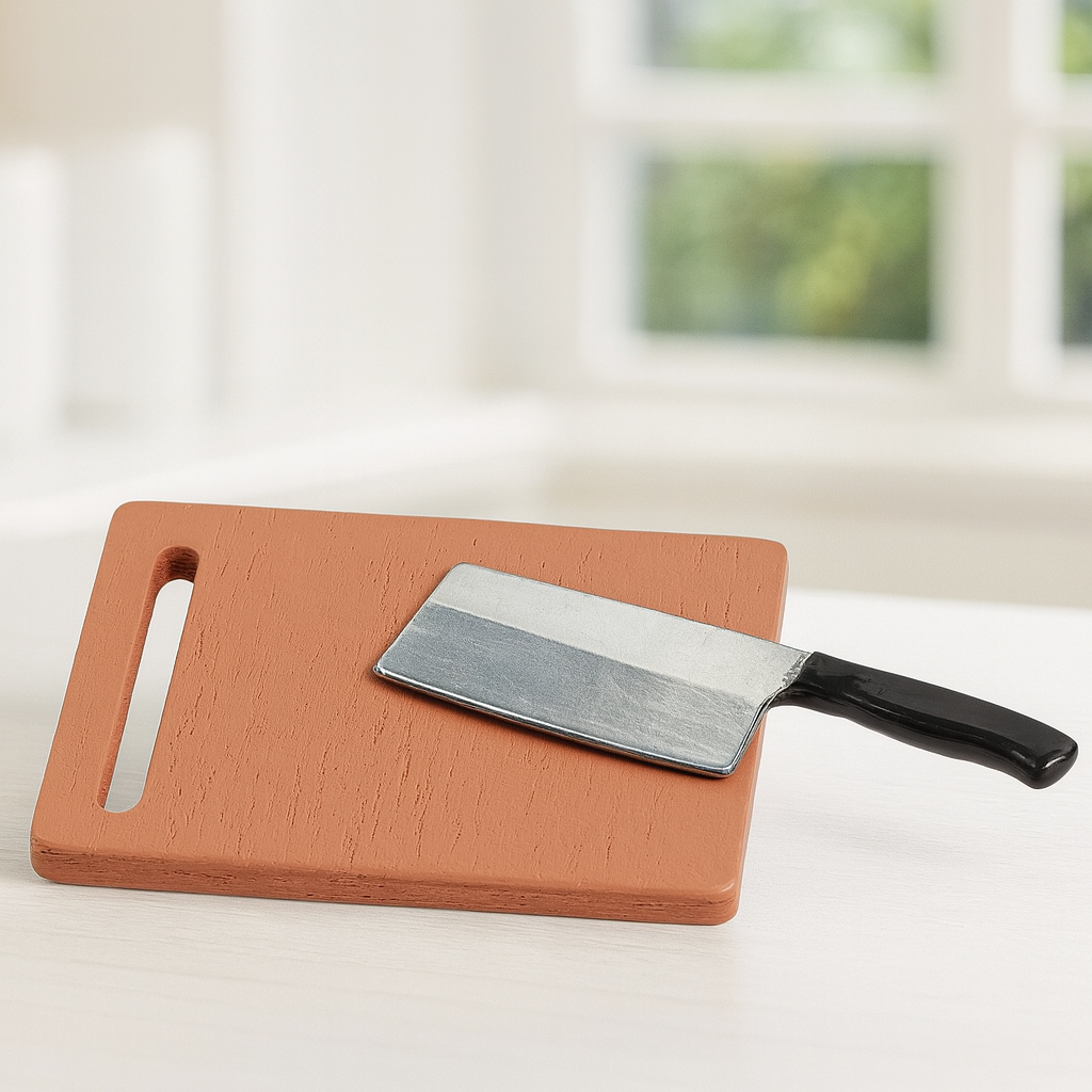 Miniatur Schneidbrett aus Holz-Optik mit silbernem Hackmesser, Wichtel Zubehör für die Küche und Dekoration für Geldgeschenke