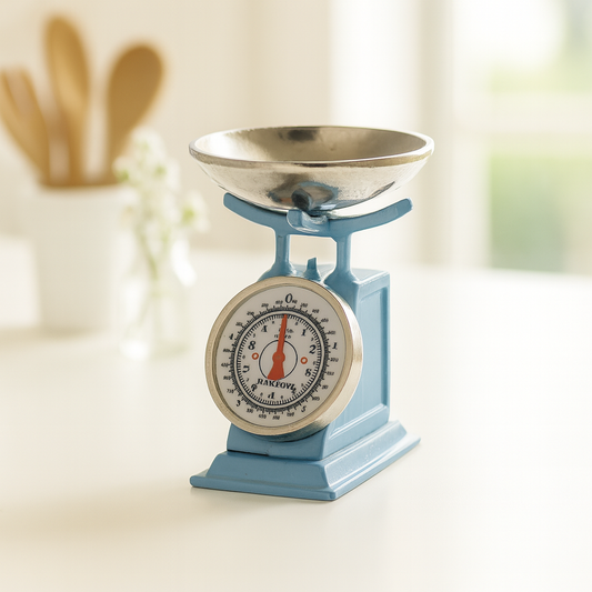 Miniatur Küchenwaage aus Kunststoff in Blau, Wichtel Zubehör für Küche und Geldgeschenke